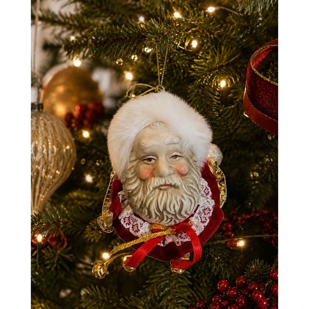 Vintage‎ Santa Claus Head Christmas Ornament Red Velvet Lace Gold Bells 5.5 Inch